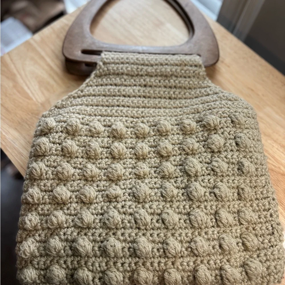 Neutral Beige Crochet Bag with Wood Handles & Balls Boho Cottagecore
